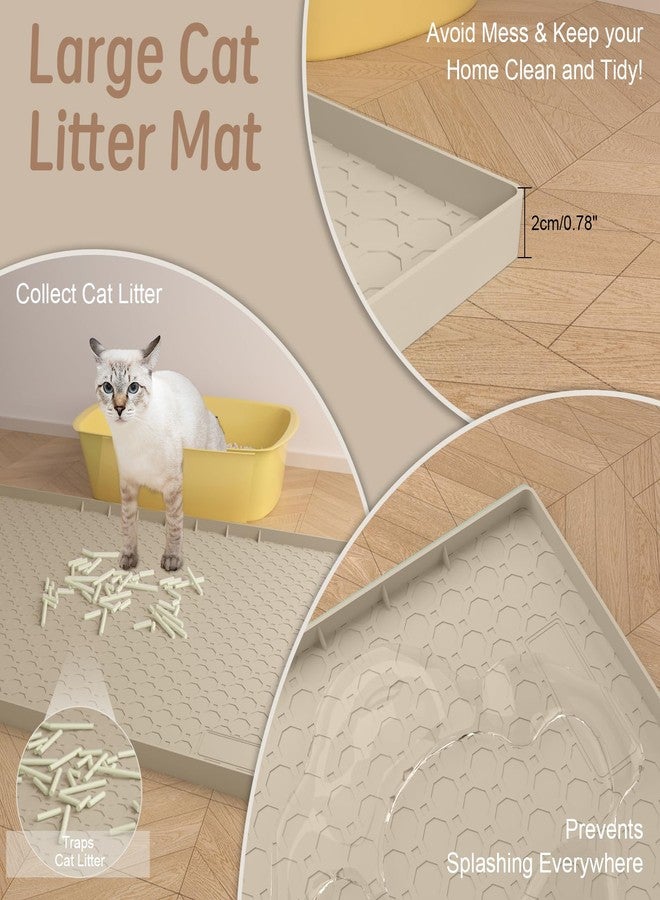 BLESWIN Large Cat Litter Mat 34"x22", Cat Litter Trapping Mat For Litter Box, Silicone Pet Feeding Mat With Raised Edges Waterproof, Beige - Image 3